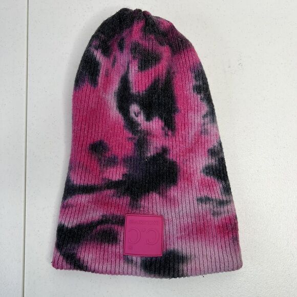 C.C Exclusive Adult Pink Tie Dye Beanie Cuffed Skull Cap Rubber Patch Heavy Knit - Picture 7 of 10